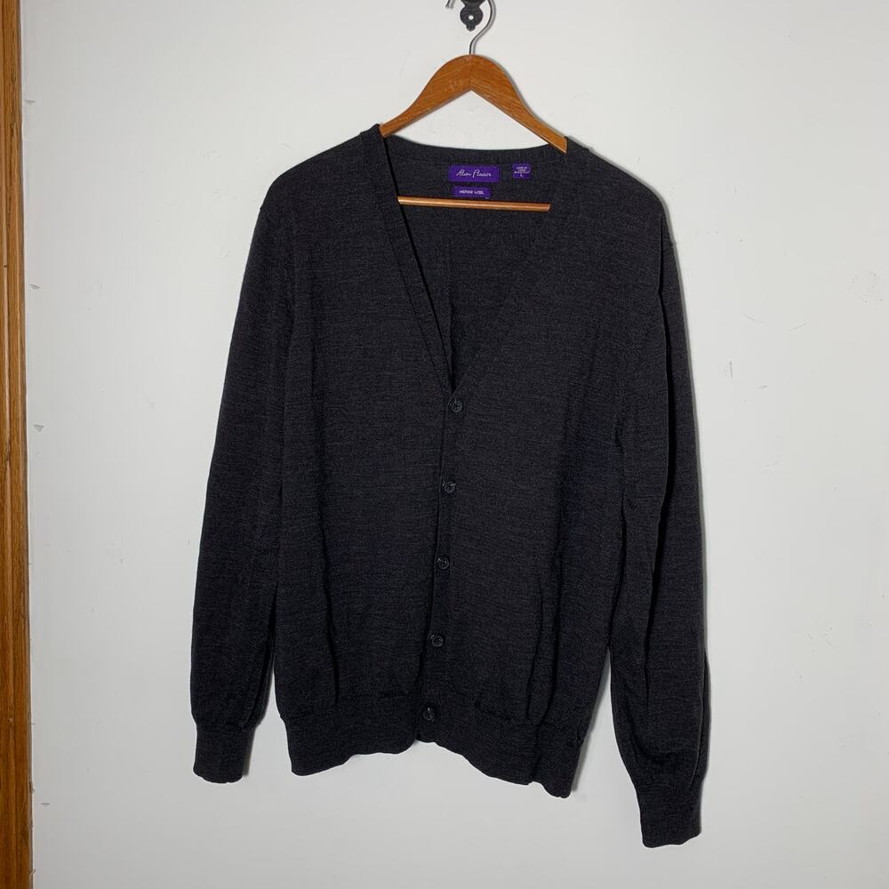 Mens Alan Flusser Merino Wool Patch Sleeve Cardigan Gray Size L EUC!